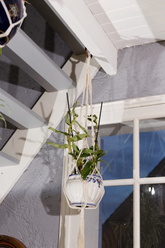 Suspension à plante en macramé fixée à une poutre